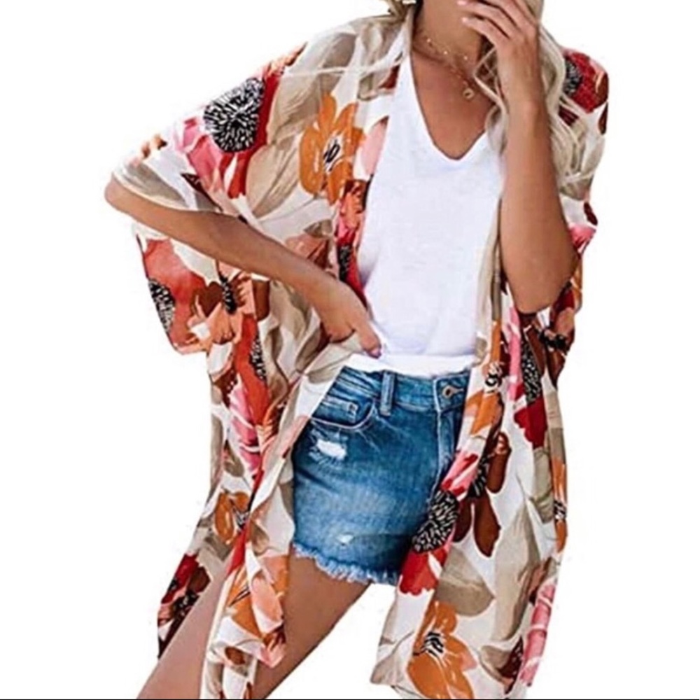 Floral Print Kimono Cardigan Loose Cover Up - Picture 2 of 3